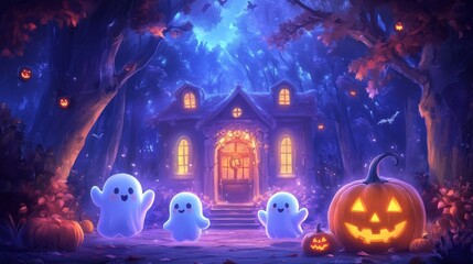 Cute cartoon ghosts and pumpkins in front of a spooky haunted house in a dark forest at night for Halloween. Samhain