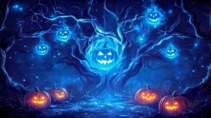 Blue neon glowing Halloween pumpkins hanging from spooky bare trees in a dark fantasy forest. Scary night for October 31st celebration poster. Samhain