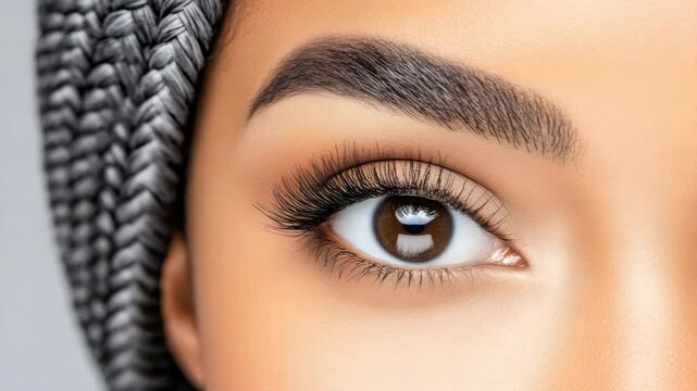 Focus on a close-up of a stunning eye showcasing flawless makeup and perfect lashes that enhance natural beauty effortlessly