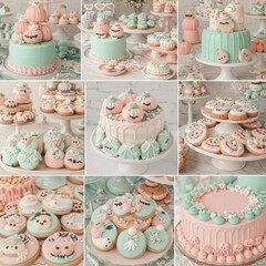 Beautifully decorated pastel Halloween cakes, cookies, and sweets featuring cute pumpkins, ghosts, and bows in soft mint and pink.