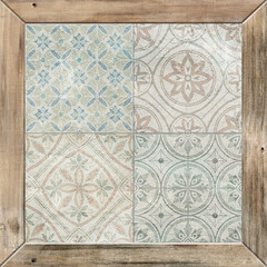 Colorful ceramic wall tiles decoration. Abstract damask patchwork pattern with geometric and floral ornaments, Vintage tiles intricate details