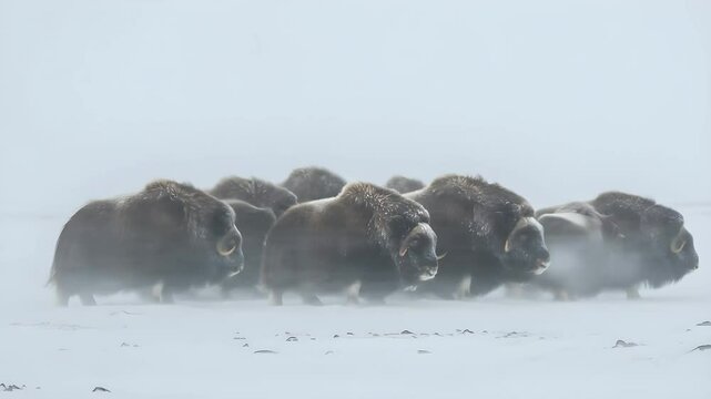 Herd of Muskoxen Walking Through Blizzard in Harsh Arctic Winter Landscape