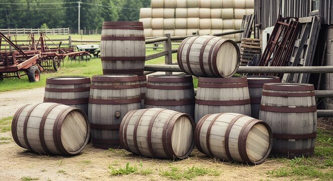 a wooden classic barrel in barn put on the hay	