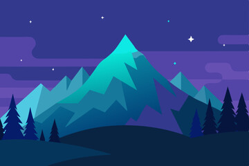 Fototapeta premium A vector illustration of a peaceful winter night landscape with a snow-covered house, festive Christmas trees, and a starry sky over cold mountains