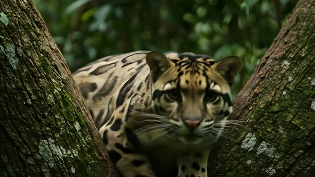 Clouded Leopard Resting on Tree in Dense Rainforest Jungle Environment