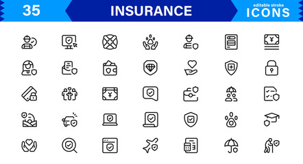 Insurance Icon Set Featuring Protection, Policy, Coverage, Claims, and Risk Management Concepts in a Clean, Professional, and Marketable Vector Style