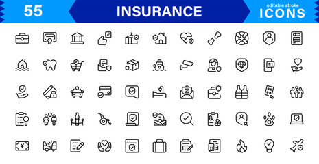 Insurance Icon Set Featuring Protection, Policy, Coverage, Claims, and Risk Management Concepts in a Clean, Professional, and Marketable Vector Style
