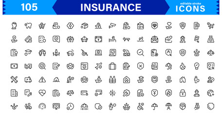 Insurance Icon Set Featuring Protection, Policy, Coverage, Claims, and Risk Management Concepts in a Clean, Professional, and Marketable Vector Style