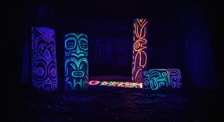 Glowing tiki statues stand in the dark, their carved faces and figures illuminated with vibrant neon colors.