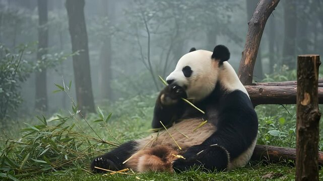 Giant Panda Eating Bamboo in Misty Mountain Forest Habitat