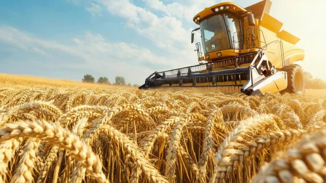 Large combine harvester works through ripe wheat fields, collecting grains under a bright sky while farmers prepare for the harvest season