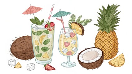 set of cocktails and fruits