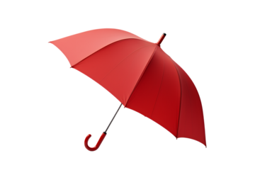 A vibrant red umbrella with a curved handle isolated on transparent background