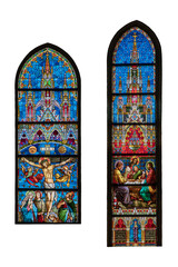 Stained glass window in church, Church Stained Glass Windows Depicting Religious Scenes and Artistic Details, Sacred Heart Cathedral, Sarajevo.