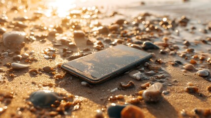 Broken smartphone discarded on a sandy beach with small pebbles, reflecting morning sunlight. Concept of electronic waste and environmental pollution.