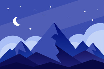 Fototapeta premium Serene Night Mountain Landscape Starry Sky, Crescent Moon, and Majestic Peaks