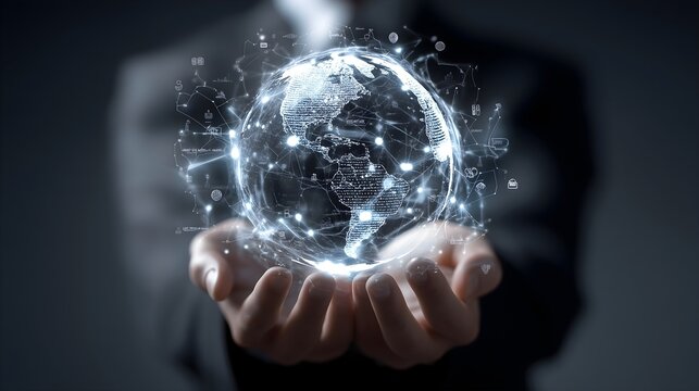 Businessman holding digital globe with network icons and data connections on dark background. Concept of global business, innovation, and technology solutions.