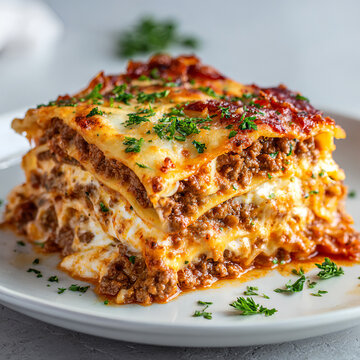 Delicious Cheesy Lasagna with Layers of Meat Sauce and Bacon &ndash; Tasty Italian Comfort Food, Fresh Herbs on Top, Gourmet Homemade Recipe, and Classic Pasta Dish on White Plate