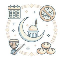 ramadan fasting and prayer symbols including mosque in crescent moon, calendar, no food sign, drum, bread and stars in vector illustration