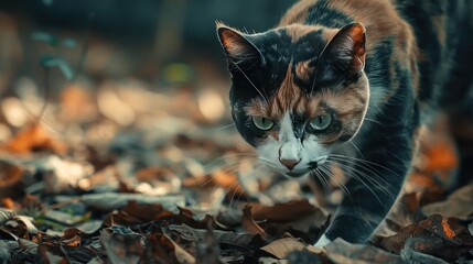 Close-up of a calico cat amidst autumn leaves.