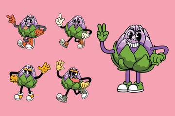 Set of funny artichoke vegetable 70s retro comic cartoon characters