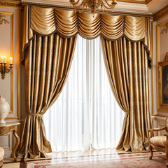 Luxurious golden drapes in an opulent classic European-style interior
