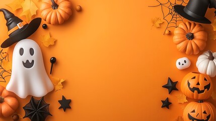 Halloween holiday with cute ghost, black witch hat, pumpkin, and autumn leaves. Spooky party celebration for fun concept. Samhain