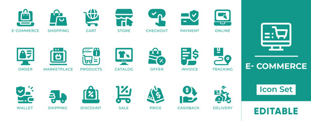 E-commerce icon set with online shopping, payment methods, carts, orders, delivery, sales, customer support, and digital store symbols for business, retail, and marketing projects.