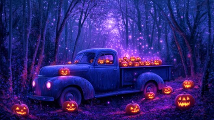 Old pickup truck with glowing jack o lantern pumpkins in a spooky forest at night. Halloween holiday concept. Samhain