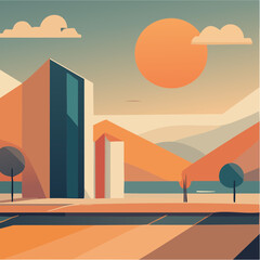 vector composition using simple shapes and a muted color palette