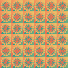 A seamless floral pattern with layered petals in warm orange, green, and yellow tones, evoking vintage island vibes and mid-century modern design.