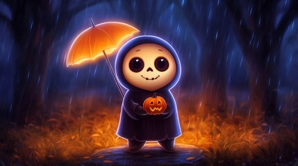 Cute skeleton child in a rain jacket holding an umbrella and pumpkin. Character standing in autumn leaves during Halloween. Samhain
