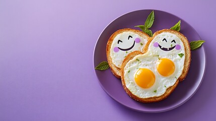 Halloween egg toast with vampire face on purple plate for spooky breakfast. Happy Halloween food for kids. Top view. Samhain