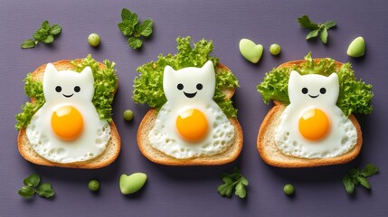 Three cute fried eggs shaped like ghosts on toast with lettuce set on a purple background. Halloween breakfast for kid. Samhain