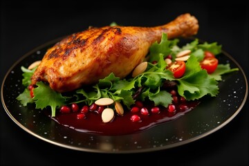 Roasted Chicken Leg with Pomegranate Glaze: Gourmet Food Photography, Delicious Poultry Dish on Salad Bed, Fine Dining Cuisine, Restaurant Meal Idea