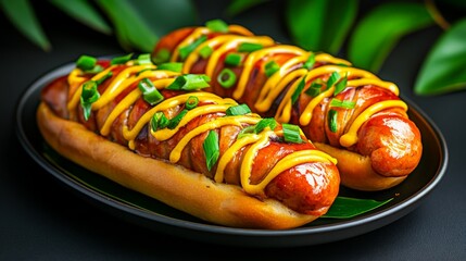 Two delicious sausage hot dogs on a black plate with green leaves with mustard and green onion, for fast food concept. Samhain
