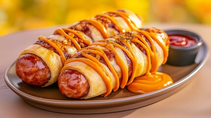 Two sausage mummies wrapped in pastry with cheese sauce and ketchup for a spooky Halloween snack. Samhain
