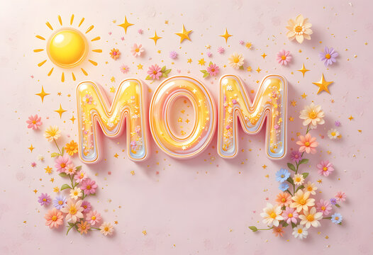 Happy Mother's Day Celebration with "MOM" Text, Flowers, Sun, and Stars on Pink Background