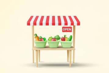3D illustration vector render of a tabletop shop with a sign “OPEN” hanging in front, with trays of various fresh vegetables, concept of fresh market or organic fresh vegetable shop.