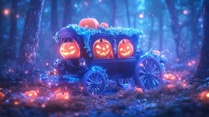 Halloween pumpkin carriage in blue forest. Spooky night scene with magical lights and fantasy vehicle for autumn celebration. Samhain