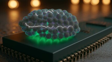 A glowing, cloud-like artificial intelligence brain hovering above a microchip, symbolizing futuristic technology. AI Neural Processing with Quantum Computing - Powered by Adobe