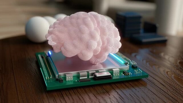 A digital pink brain hovers above a computer microchip on a wooden surface, symbolizing artificial intelligence and advanced computing technology. AI Neural Processing with Quantum Computing