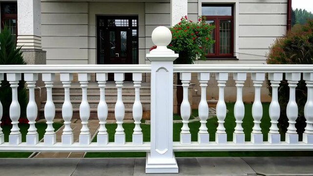 Explore beautiful architecture featuring a lovely white railing and a well-kept garden that enhances its charm