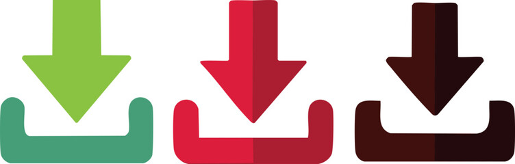 Vector Illustration of Three Download Icons in Green, Red, and Brown with Stylized Arrows and Rounded Containers on a Clean White Background

