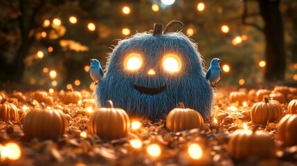 Cute furry blue monster pumpkin with glowing eyes on a patch of autumn leaves and small pumpkins in a forest. Halloween holiday. Samhain