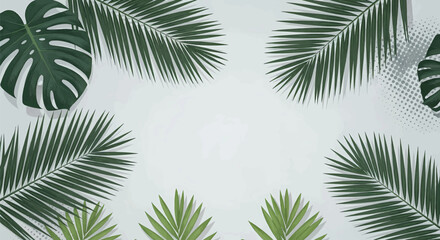 This high-quality vector collage features distressed halftone tropical leaves, including monstera and palm fronds, emphasizing nature, botanicals, and retro design.