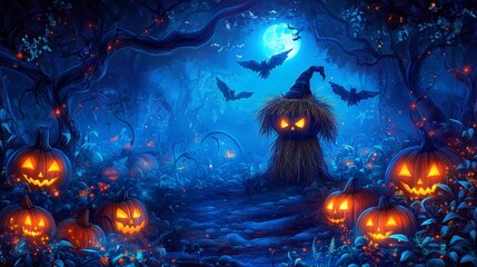 Halloween night scene with carved pumpkin lanterns and a scarecrow under a full moon. Spooky holiday background. Samhain