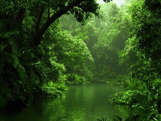 A dense tropical rainforest with lush green foliage surrounds a calm, reflective river, creating a serene and vibrant natural environment.