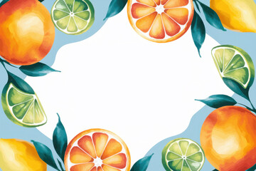 Fototapeta premium Vibrant citrus fruit border with oranges and limes on light blue background