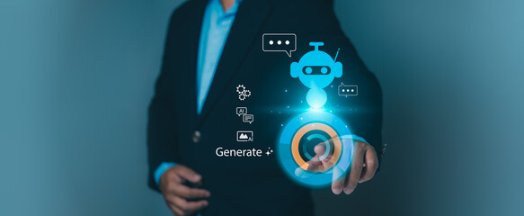 Artificial intelligence, machine learning, technological innovation. Concepts of digital transformation, automated solutions, future computing. Man interacts with glowing AI robot and Generate command